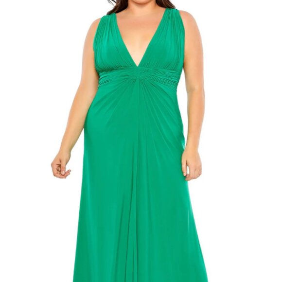 MAC DUGGAL 68128 DRAPED V-NECK SLEEVELESS A-LINE JADE GREEN GOWN sz 14 - Picture 1 of 5